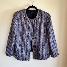 Ann Taylor Plaid Tweed Blazer Blue Fringe Hem Button Front Long Sleeve Sz 10