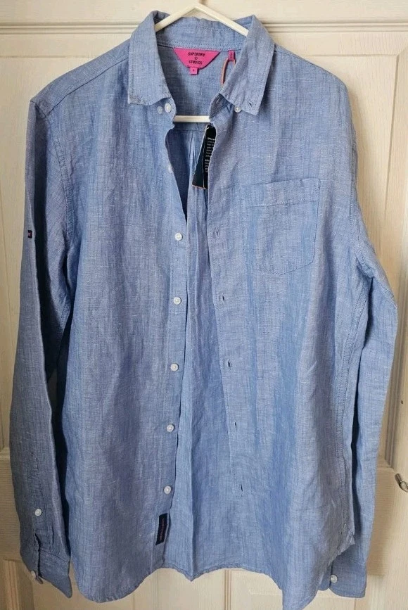 BNWT Superdry Linen Blue Mens Small Button Shirt Long Sleeve