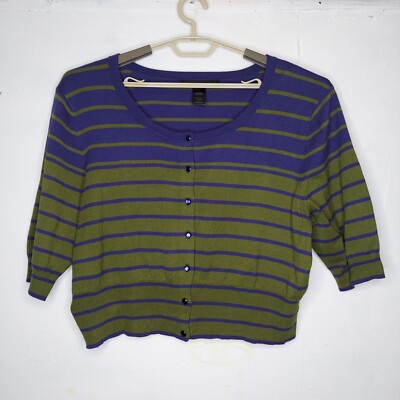 Ashley Stewart Crop Cardigan Women 22/24 Green Purple Stripe Button Half Sleeve