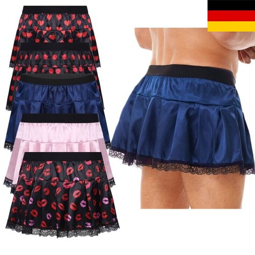 DE Herren Satin Rock Unterwäsche Nachtwäsche Spitzenbesatz Minirock Schlafanzug - Bild 1 von 65