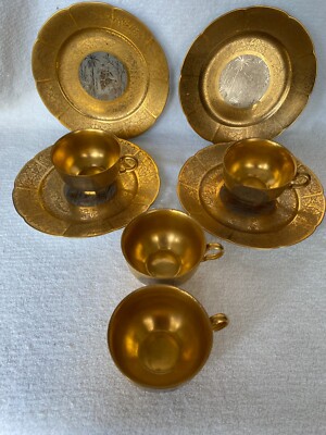Arzberg Bavarian 24 karet Gold Platinum (4 Biscotti/Cookie Saucers And 4 Cups