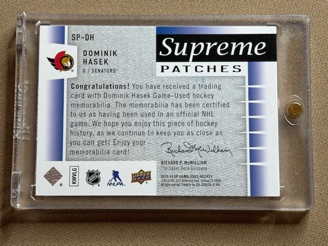 Dominik Hasek 2013-14 SP Game Used Edition Supreme Patches 3-Color GU Patch 4/12 - Image 2 of 2