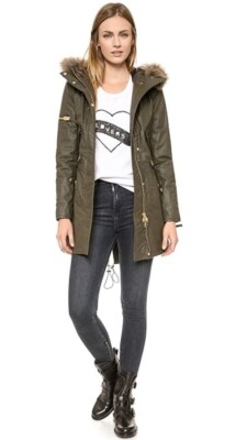 New $895 Sam New York Hudson Green Utility Wax Real Fur Trim Parka Coat Women XS