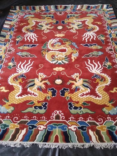 Dragon Tibetan Five Indian Wool Handmade Rug Hand-Tufted Red Carpet Living Room - Picture 10 of 11