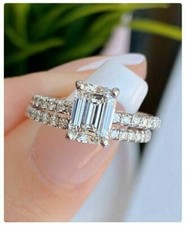 2ct White Emerald Cut Moissanite Engagement Set Ring 14k White Gold Size 5.5