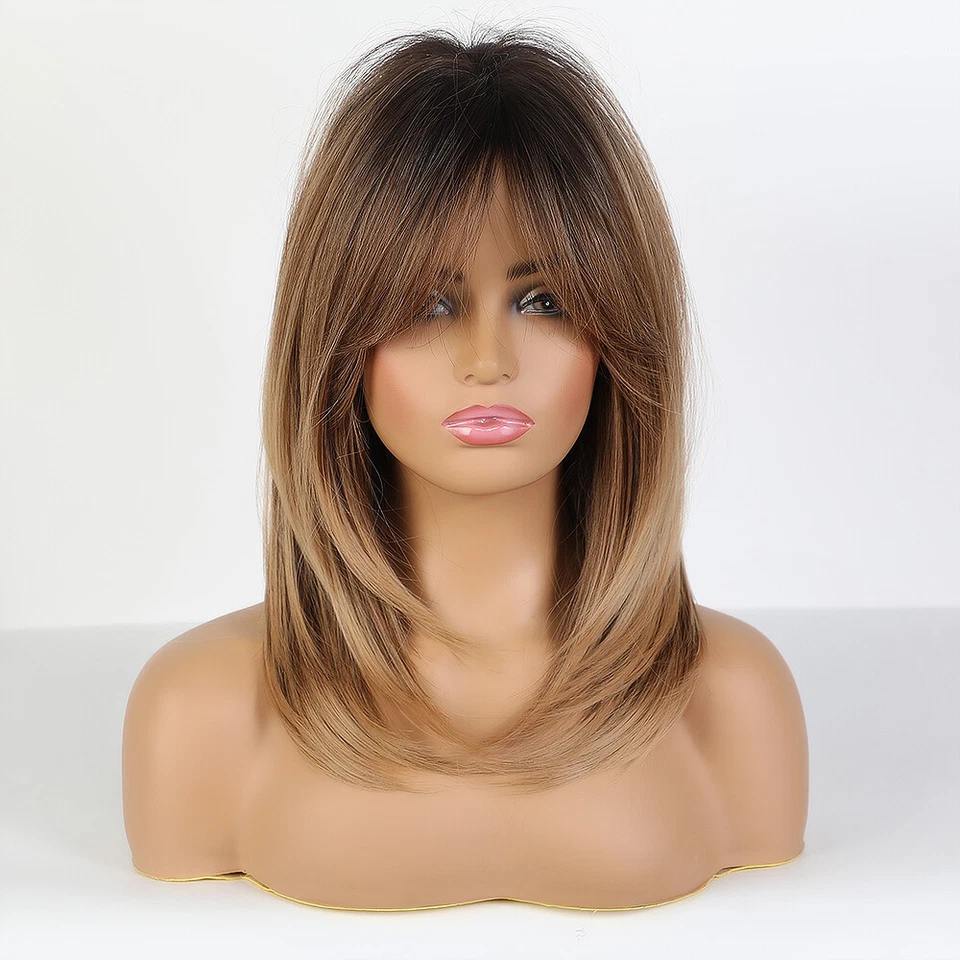 Natural Straight Layered Hair Wigs With Long Bangs for Women Ombre Brown Wig - Image 3 of 4