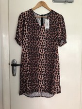 Boohoo Leopard Print Plunge Puff Sleeve Shift Dress 10 BNWT Brown/ Rust