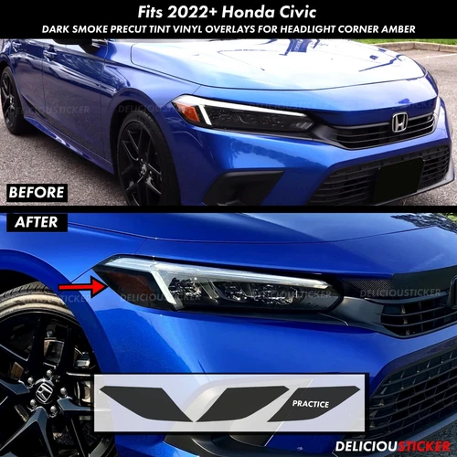 For 2022-2026 Civic Headlight Side Marker Front Precut SMOKE Vinyl Tint Overlays