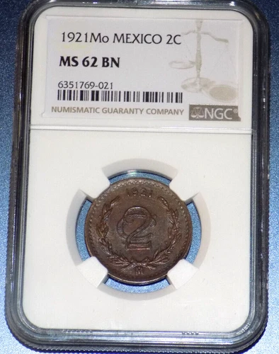 Mexico 2 Centavos 1921 Mo NGC MS 62 BN 2C Mexican UNC COIN