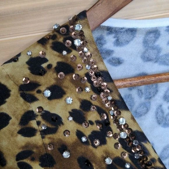 Boston Proper Sweater Womens XXS Tan Embellished Leopard Print Cardigan - Image 2 of 4