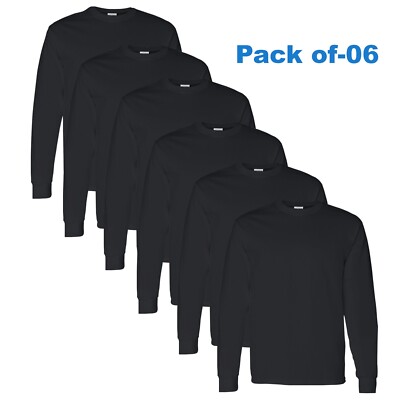 Gildan - Long Sleeve T-Shirt 6 Pack 100% Heavy cotton Crew Neck Black Color Tee