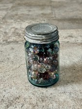 Vintage Ball Perfect Mason Jar Filled with 165 Mixed Glass Marbles   Aqua Blue