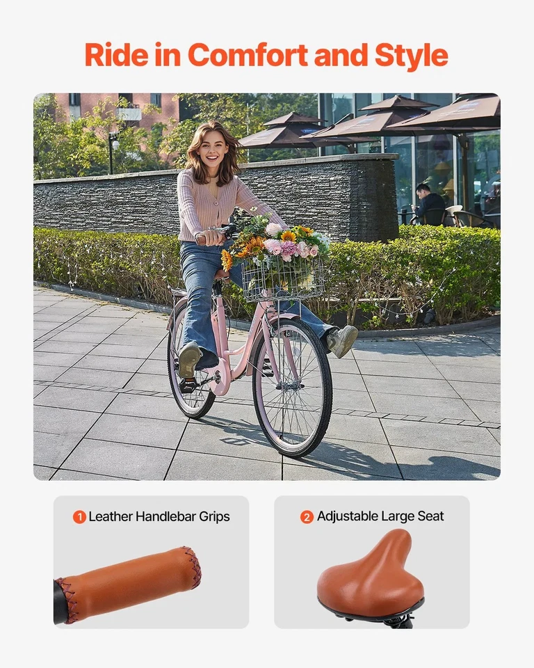 Круизер велосипед, 7-скоростной, 26-дюймовый розовый пляжный круизер велосипед с большой емкости корзина - Изображение 2 из 2