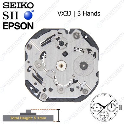 Genuine Seiko SII Epson VX3J Watch Movement Japan 3 Hands PUL-VX3J