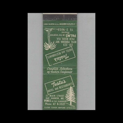Matchbook Cover Testa's Hotel and Restaurants Bar Harbor ME