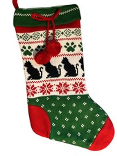 Black Cat Kitten Paw Knitted Christmas Stocking Red Green Pom Poms 17. 5"