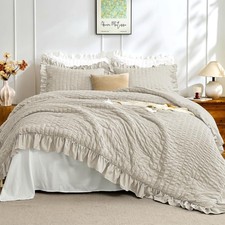 JOLLYVOGUE Queen Comforter Set, 3 Pieces Oatmeal Seersucker Comforters Queen ...