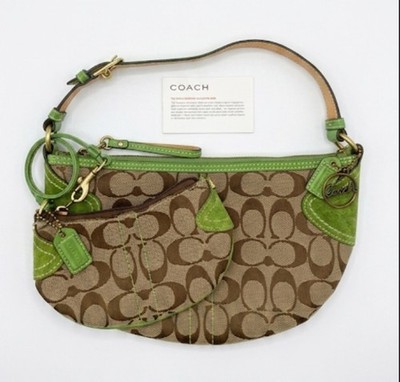 Coach Soho Shoulder Bag & Wristlet Brown Monogram, Green Leather