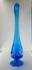 Vtg Rare Fenton Blue Swung Pedestal Bud Vase Floral Rose Pattern 10.75"