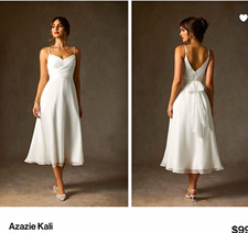 Azazie Kali White A-Line V-Neck Sleeveless Pleated Chiffon Mid-Calf Dress