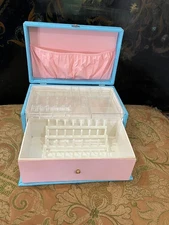 Vintage MCM 1960s Sewing Box - Retro Turquoise Blue Quilted Vinyl - Pink Interio