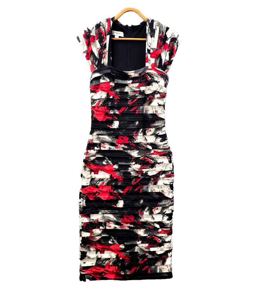 Queenspark Dress Womens Midi Bodycon Size 10 Black Red Ivory Stretch Knit