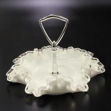 Fenton White Milk Glass Silver Crest Handled Serving Bowl 11-1/2" wide