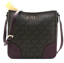 NEW Authentic MICHAEL KORS HATTIE LG Leather Messenger MK Signature Brown/Plum