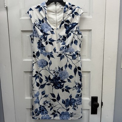 Olivia Matthews Blue Floral Sheath Dress L Knee Length Stretch V Neck Shift