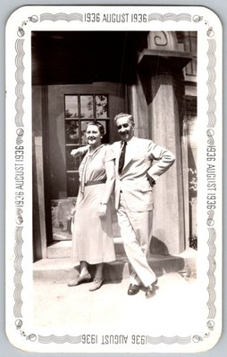 Vtg B&W Snapshot Well Dressed Smiling Couple By Ornate Stone Pillar Entry 1936