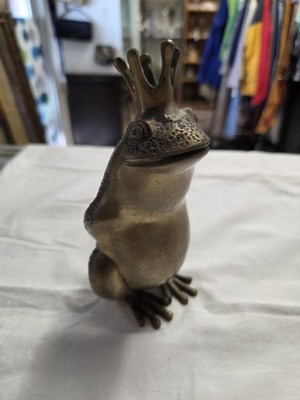 Vintage 70s Solid Brass Frog Prince Figurine Statue 