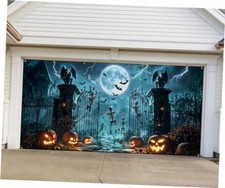 7x16 ft Halloween Garage Door Cover Scary Skeleton Cemetery Jack-O-Lantern 