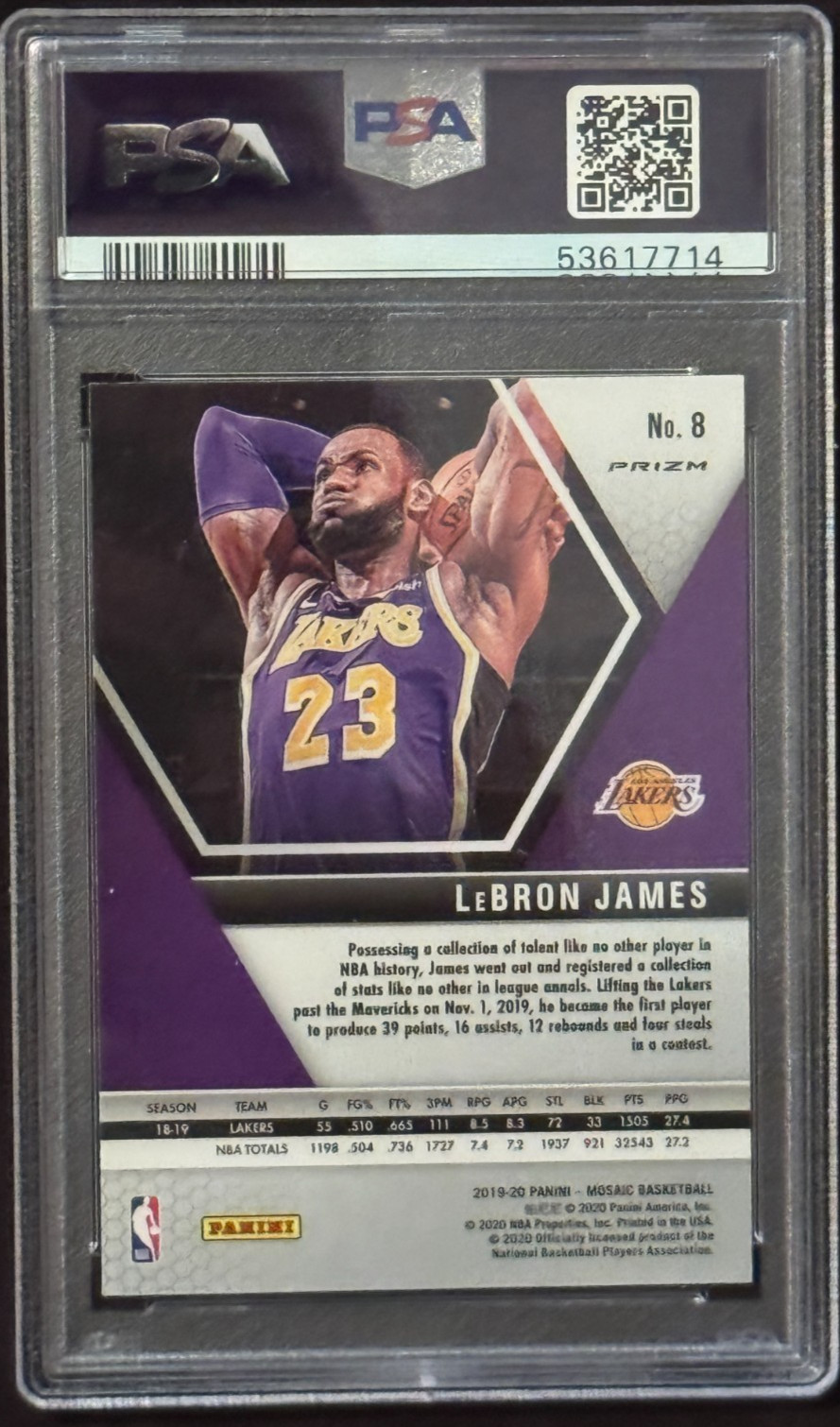 2019-20 LeBron James #8 Panini Mosaic Silver Prizm PSA 10 GEM MINT view 2