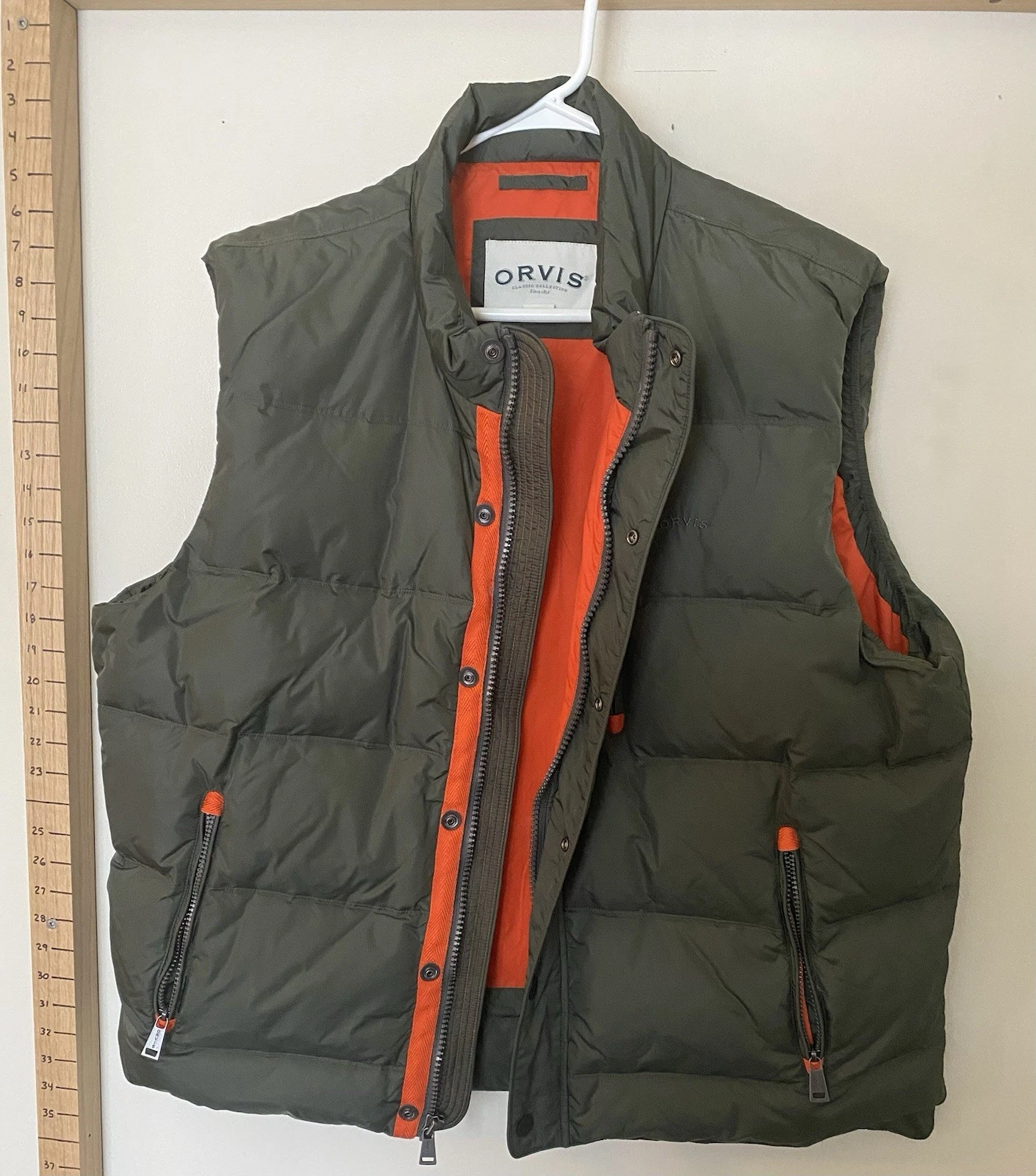 Orvis Vest Mens XL Green/Orange Down Puffer Full Zip Jacket Outdoor Classic