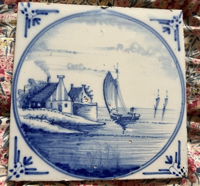 Antikes niederländisches Delfter blaues Fliesen Niederlande Segelboot um 19. 1850 TOP #6