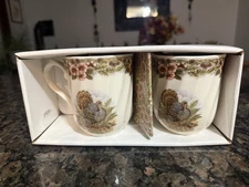 NIB Queens Myott Factory Thanksgiving 2 Mug Set Turkey Churchill Coffee Tea
