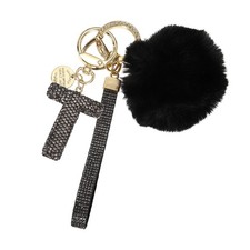 Initial Letter t Keychain with Pom and Rhinestone Wristlet, Grey
