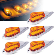 5pc Amber Teardrop Cab Marker Lights 6 Led Chrome Bezel Roof Clear Truck Trailer