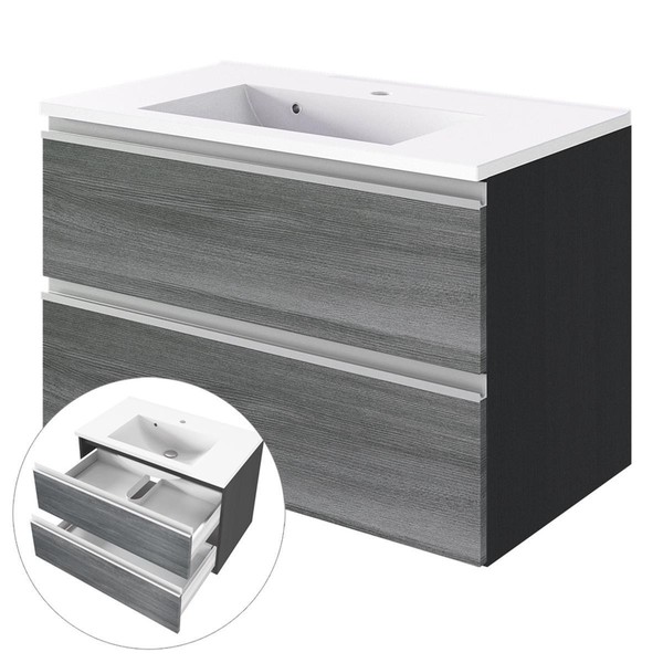 BadezimmermöBel Waschtisch Mit 80Cm Unterschrank Waschbecken Eiche Grau GäSte-Wc-image