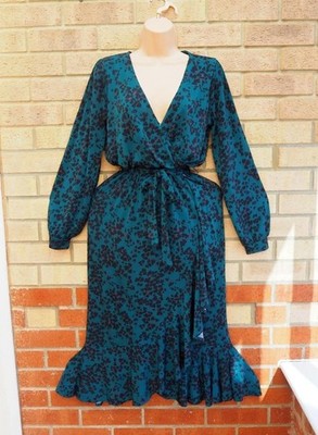 Oasis grün schwarz Herz Druck Langarm Gürtel Wickelsaum A-Linie Midikleid 8 10 S