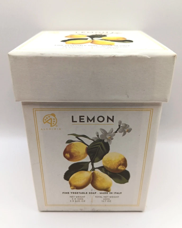 Alchimia Fine Italian Vegetable Soap Lemon Gift Box Set 3 Bars Round 5.25oz NIB  - Image 3 of 4