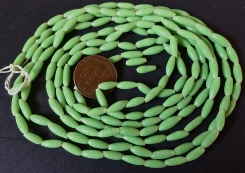 Vintage 3 x 9mm Oblong Apple Green Glass Rice Beads Japan 50