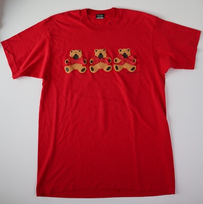 Vintage Vicki Melhart Shirt Bears With Bows Red Crew L Made In USA 1987
