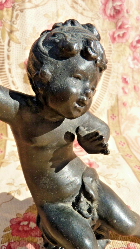 ANCIEN ANGE CHÉRUBIN PUTTI SCULPTURE ANCIENNE DÉCOR EN RÉGULE XIXe  - Photo 2/4
