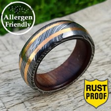 Customized Wood Sleeve Double Brass Inlay Damascus Steel Men's Ring For Him Band