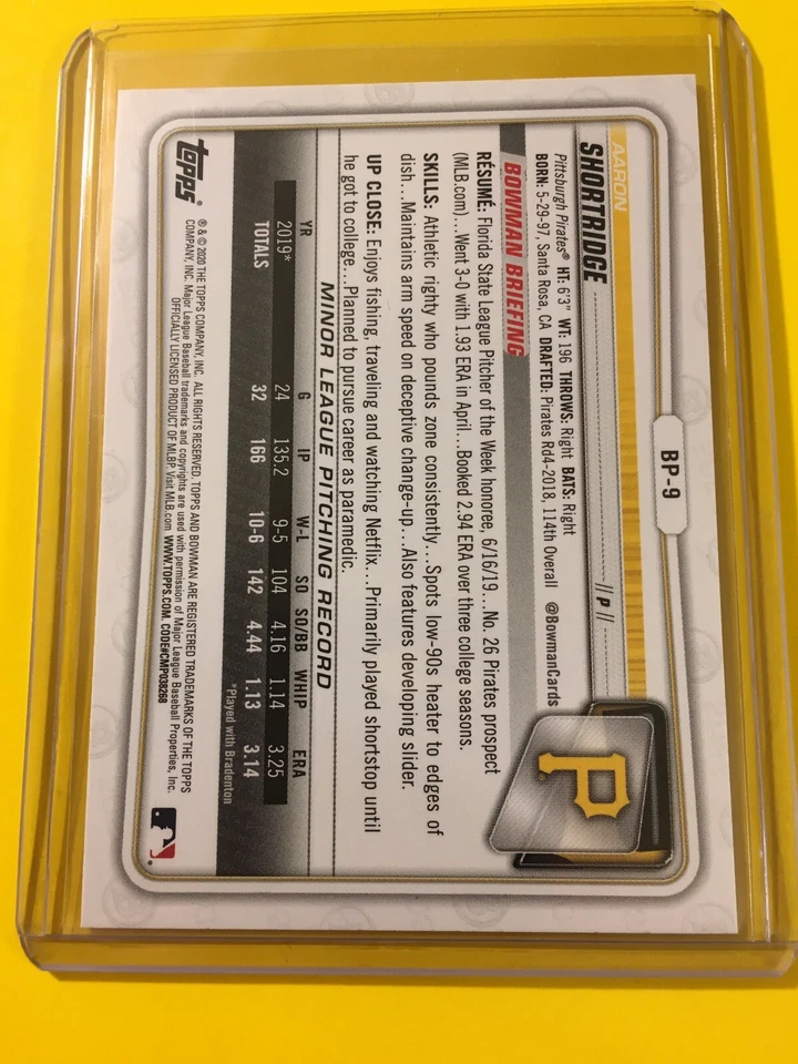 🔥🔥2020 Bowman AARON SHORTRIDGE 1st Bowman Paper Prospect #9 PIRATES - Image 2 of 2