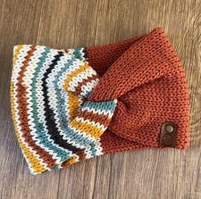 Handmade Knit Wide Ear Warmer Headbandt Rust Brown Stripe