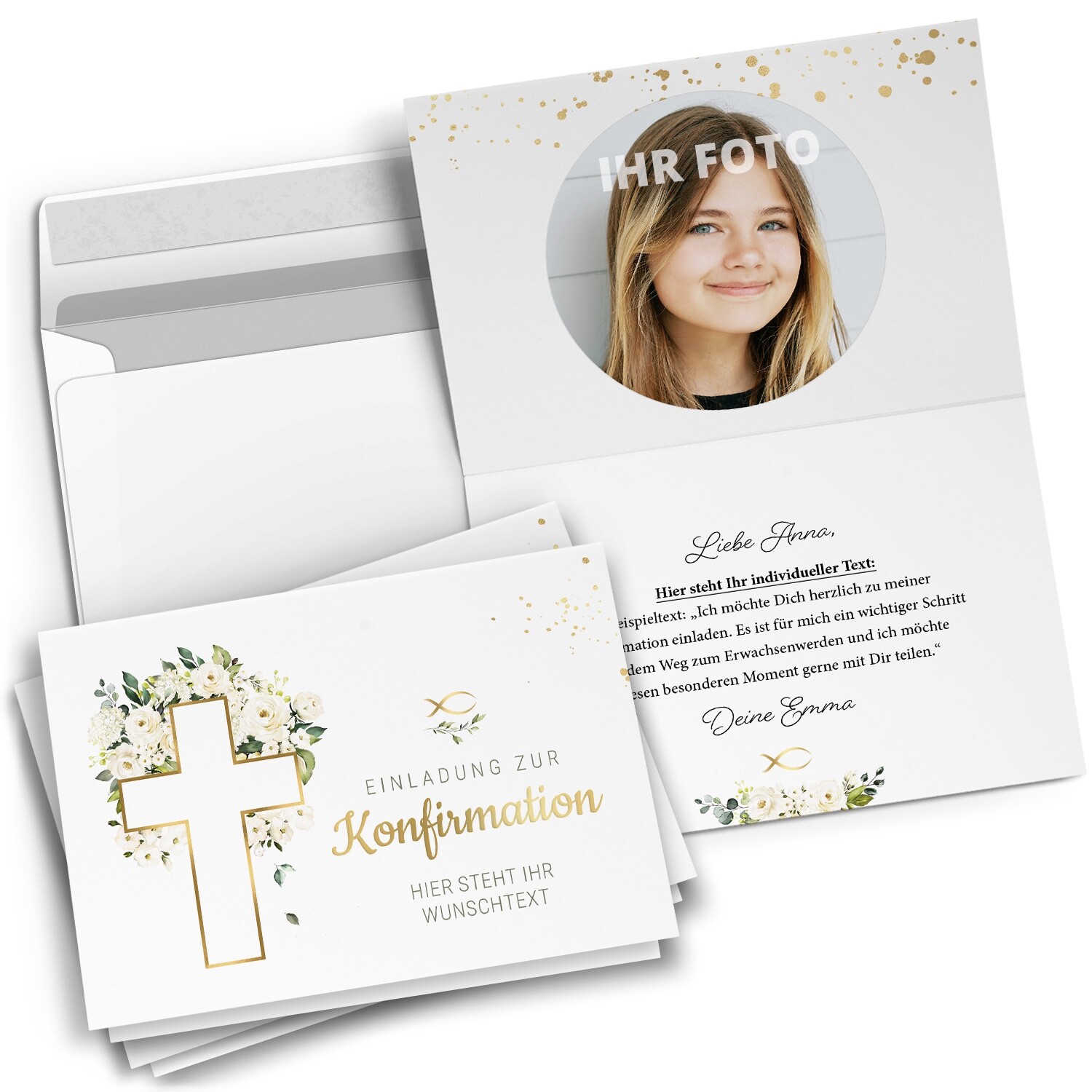 10 Einladungskarten Konfirmation personalisiert mit Foto & Text & Umschläge