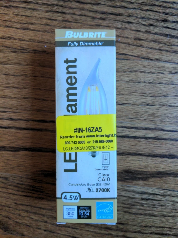 Bulbrite 776659 LED Filament Bulb 2700K 4.5W CA10 Clear 120V Candelabra Base E12 - Image 3 of 4
