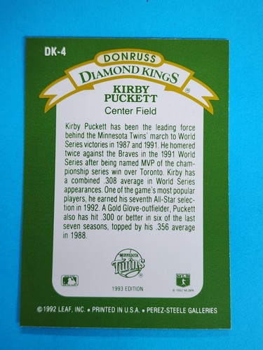 1993 Donruss Diamond Kings #DK-4 Kirby Puckett Minnesota Twins - Bild 2 von 2